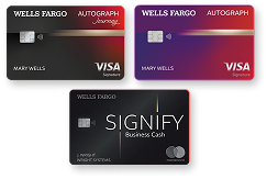 Three Wells Fargo credit cards are shown, including Wells Fargo Signify Business Cash and Wells Fargo Autograph Visa cards in different designs.