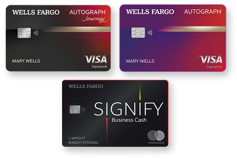 Three Wells Fargo credit cards are shown, including Wells Fargo Signify Business Cash and Wells Fargo Autograph Visa cards in different designs.